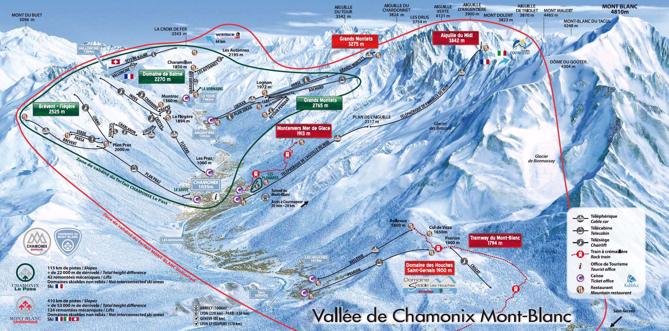 Map of the ski areas of the Chamonix valley